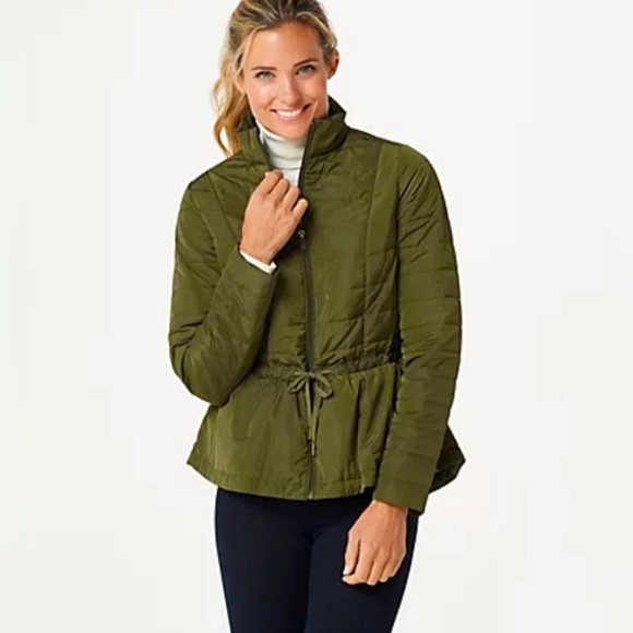 ZUDA Olive Green Peplum Quilted Cinch Waist Stand Up Collar Jacket Small - Picture 1 of 12